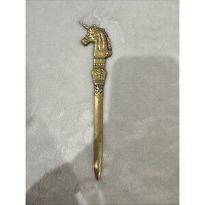 UNICORN Horse Mythical Vintage  8" BRASS Metal LETTER OPENER Figure Fleur De Lis